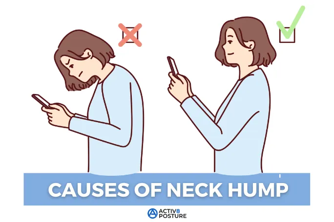 Illustration of a woman hunched over her phone next to the same woman holding her phone at eye level